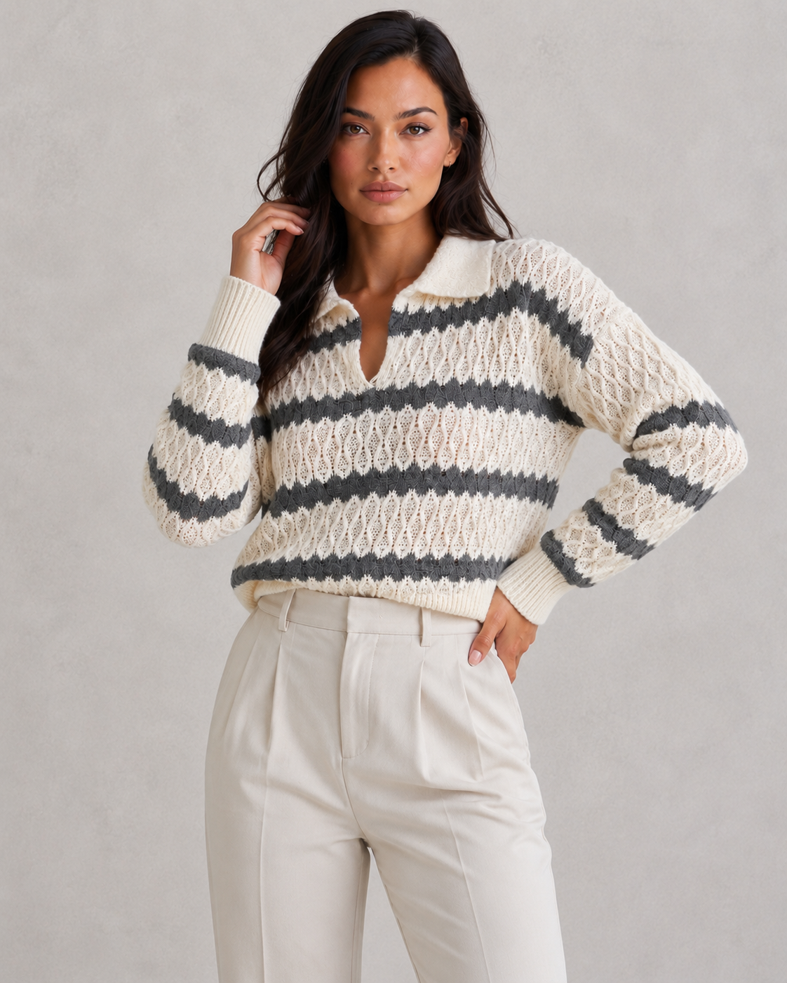 Women's collared striped knit jumper in textured polyester knit with a relaxed fit and classic navy-and-white stripe design.