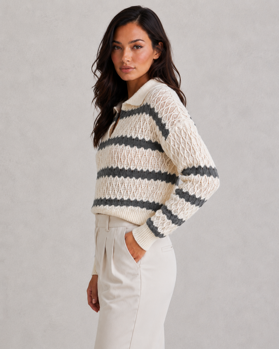 Women's collared striped knit jumper in textured polyester knit with a relaxed fit and classic navy-and-white stripe design.