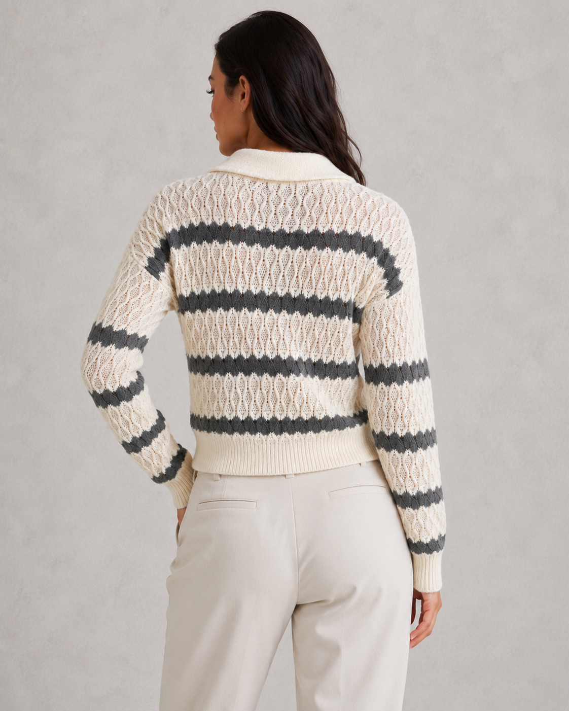 Women's collared striped knit jumper in textured polyester knit with a relaxed fit and classic navy-and-white stripe design.
