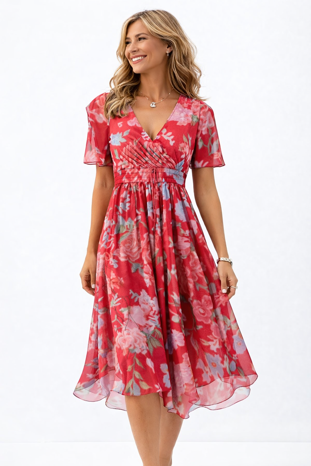 Woman wearing a red floral dress on a white background