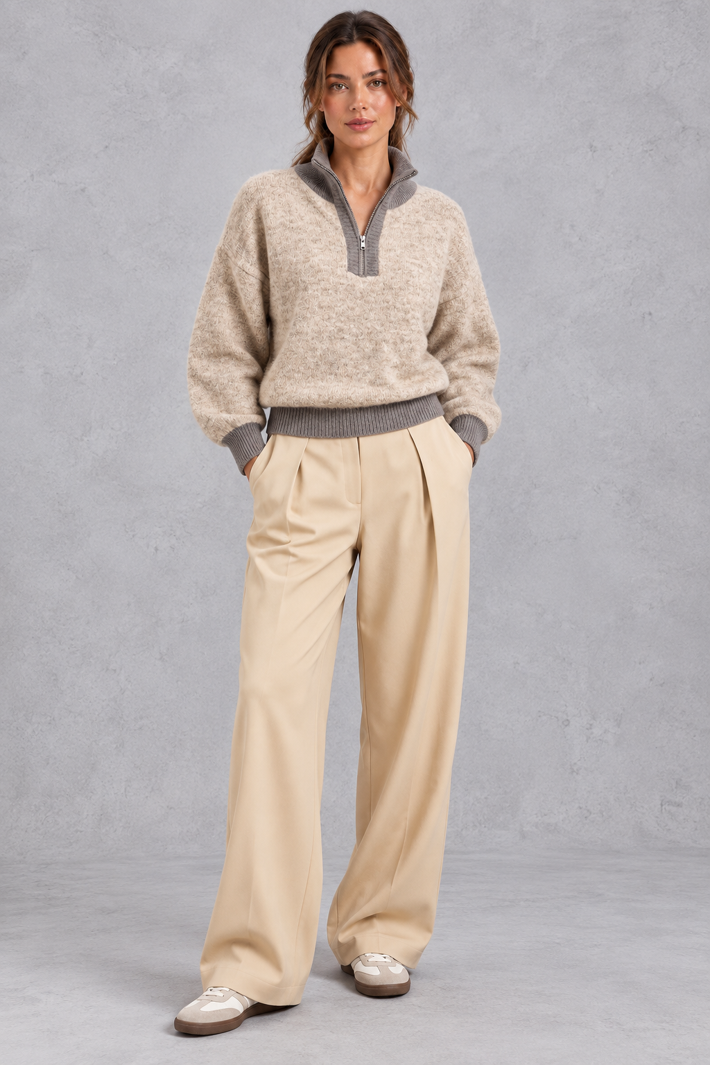 Back view of relaxed half zip knit sweater