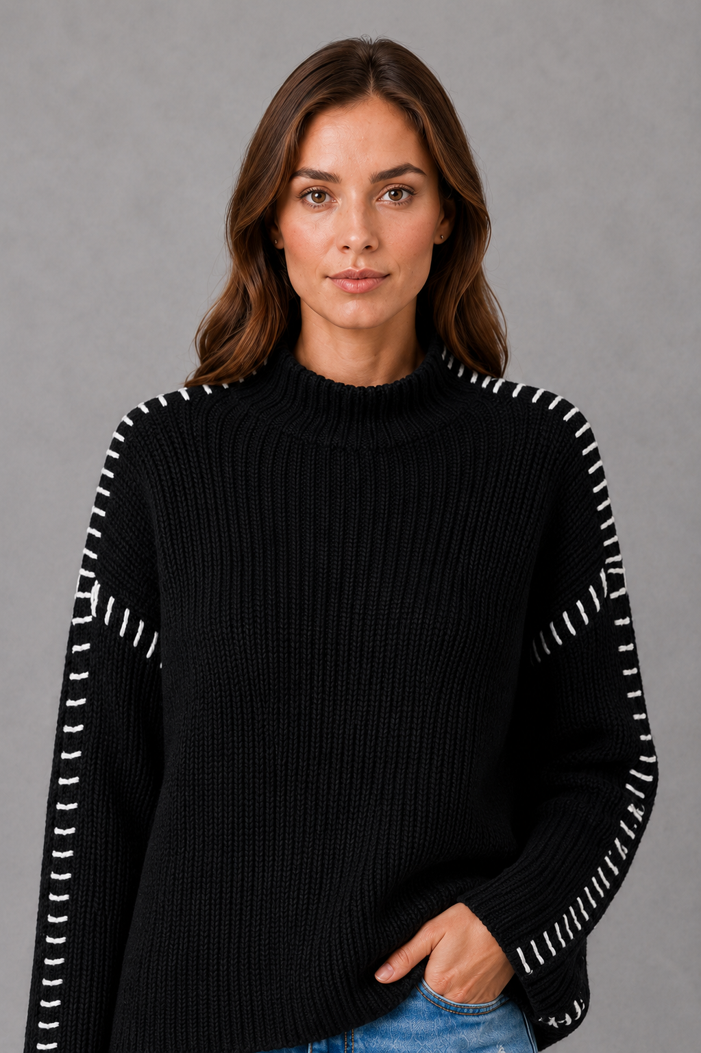 Women’s black oversized crew neck sweater with long sleeves and statement white contrast stitching along the shoulders and sleeves.