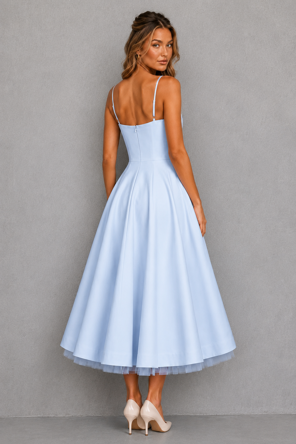 Women's satin corset midi dress featuring a structured sweetheart neckline, adjustable straps, fitted bodice, and a full flowing midi skirt, ideal for wedding guests, formal occasions, and elegant celebrations.