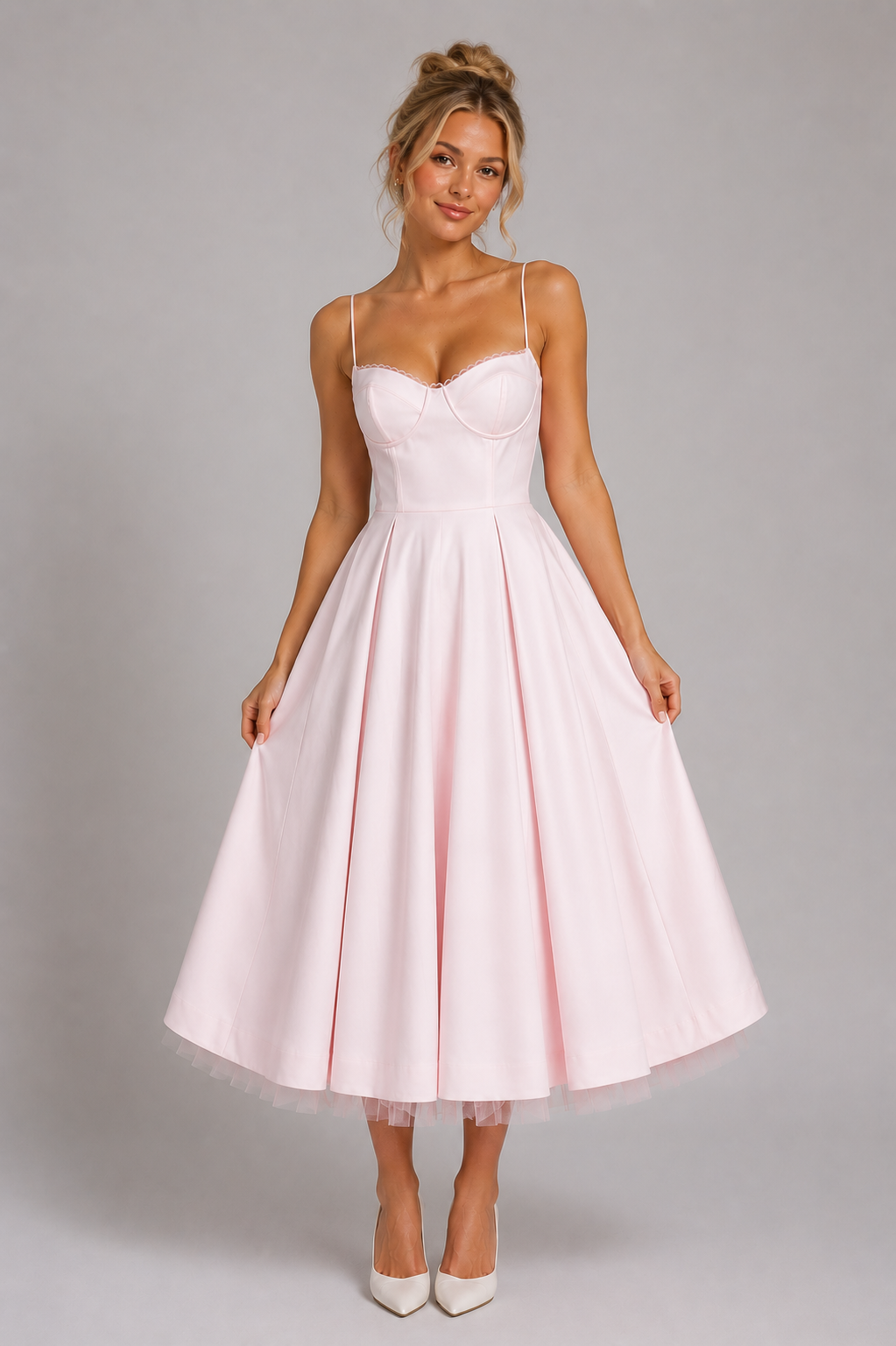 Women’s elegant corset midi dress featuring a structured corset-style bodice, sweetheart neckline, adjustable shoulder straps, and a flowing full midi skirt with soft volume. Designed in a satin-feel fabric for weddings, parties, formal events, and special occasions.