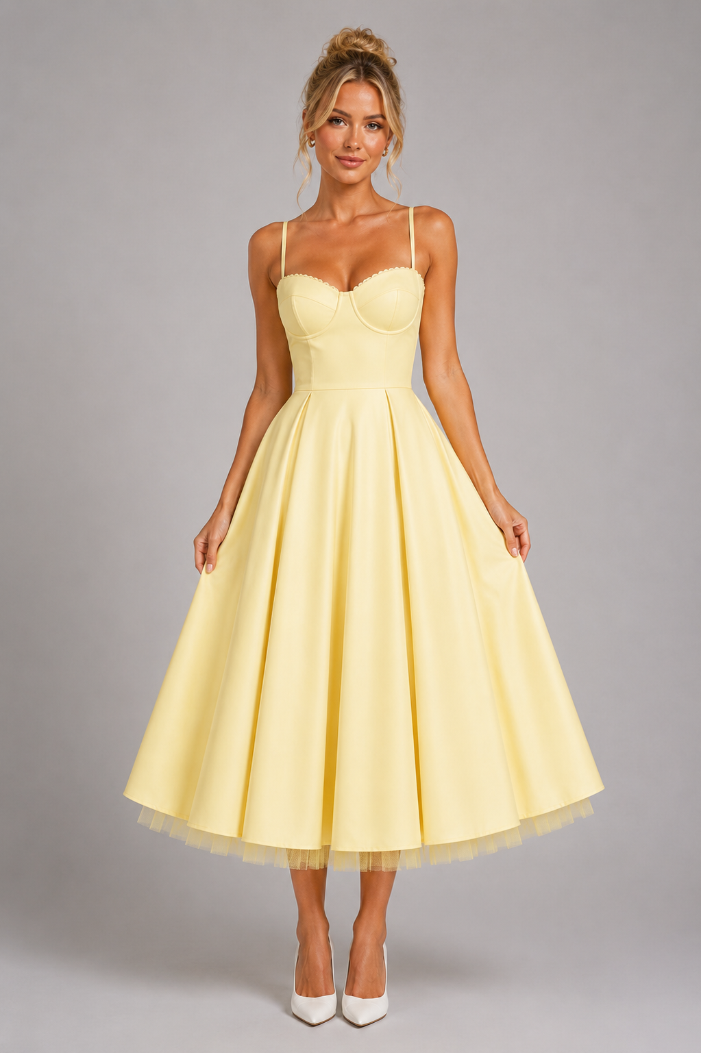 Women’s elegant corset midi dress featuring a structured corset-style bodice, sweetheart neckline, adjustable shoulder straps, and a flowing full midi skirt with soft volume. Designed in a satin-feel fabric for weddings, parties, formal events, and special occasions.