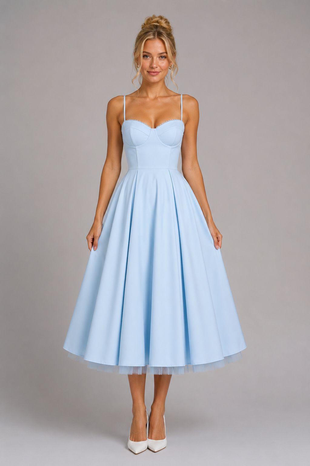 Women’s elegant corset midi dress featuring a structured corset-style bodice, sweetheart neckline, adjustable shoulder straps, and a flowing full midi skirt with soft volume. Designed in a satin-feel fabric for weddings, parties, formal events, and special occasions.