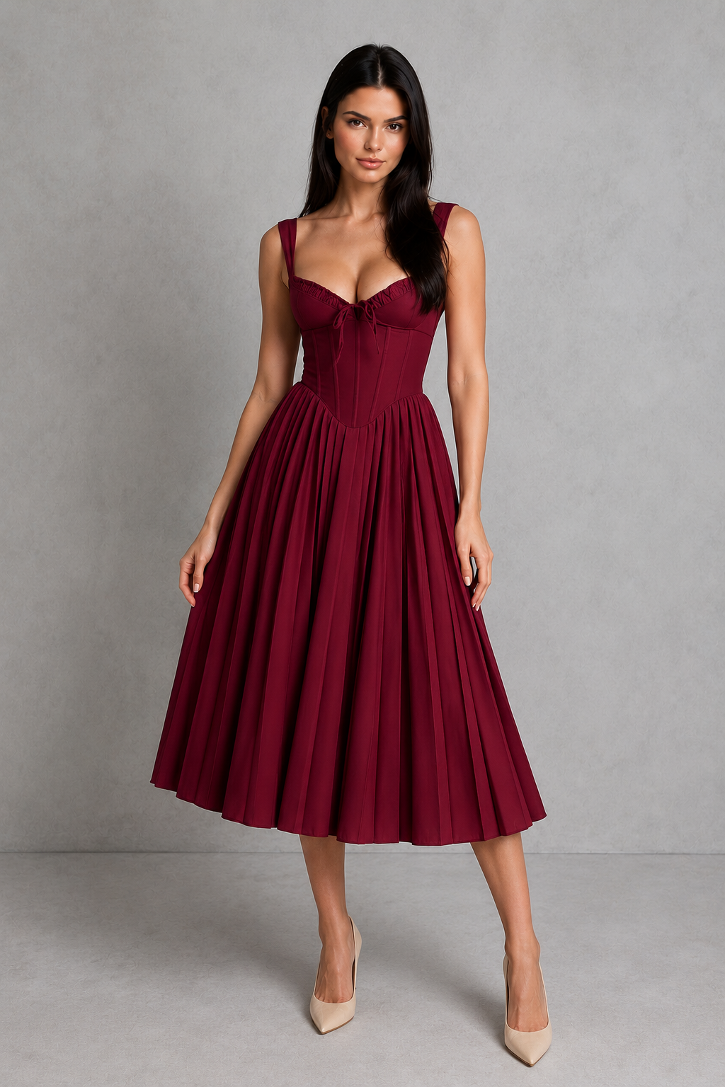 Women's corset midi dress featuring a structured boned bodice, sweetheart neckline, gathered tie-front cups, fan-shaped adjustable straps, lace-up back, and a flowing knife-pleated skirt, designed for elegant occasion and party wear.