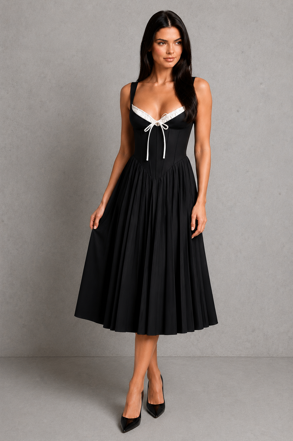Women's corset midi dress featuring a structured boned bodice, sweetheart neckline, gathered tie-front cups, fan-shaped adjustable straps, lace-up back, and a flowing knife-pleated skirt, designed for elegant occasion and party wear.