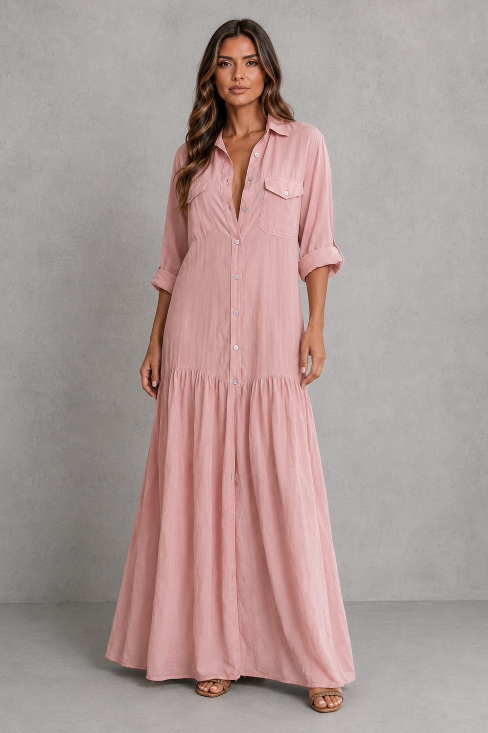 Women’s cotton linen maxi dress with a V-neck, button-front closure, relaxed fit, practical pockets, and a flowing ruffle hem, designed for casual summer wear, holidays, and everyday outings.
