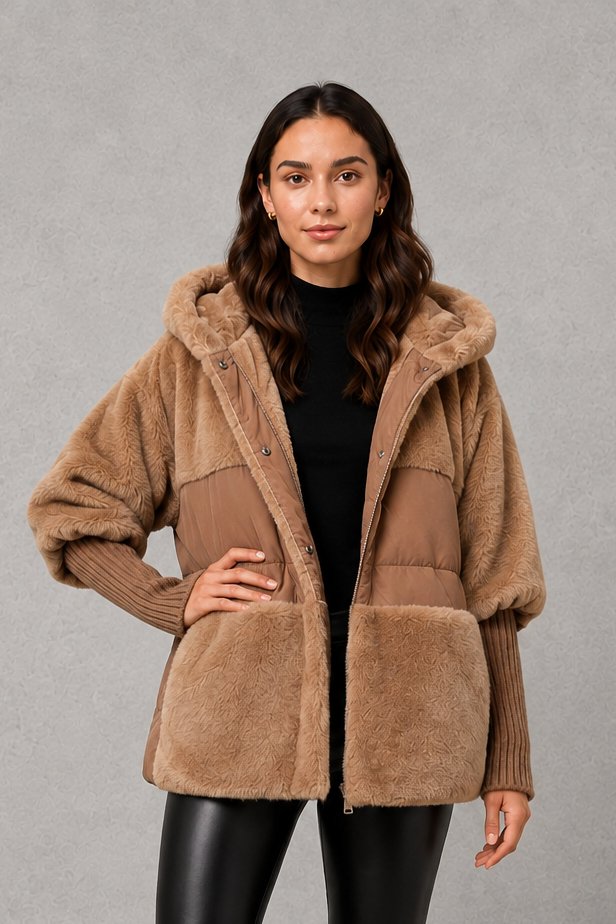 Women’s cozy hooded longline coat with a soft inner lining, attached hood, smooth outer fabric, and comfortable regular fit for winter layering.