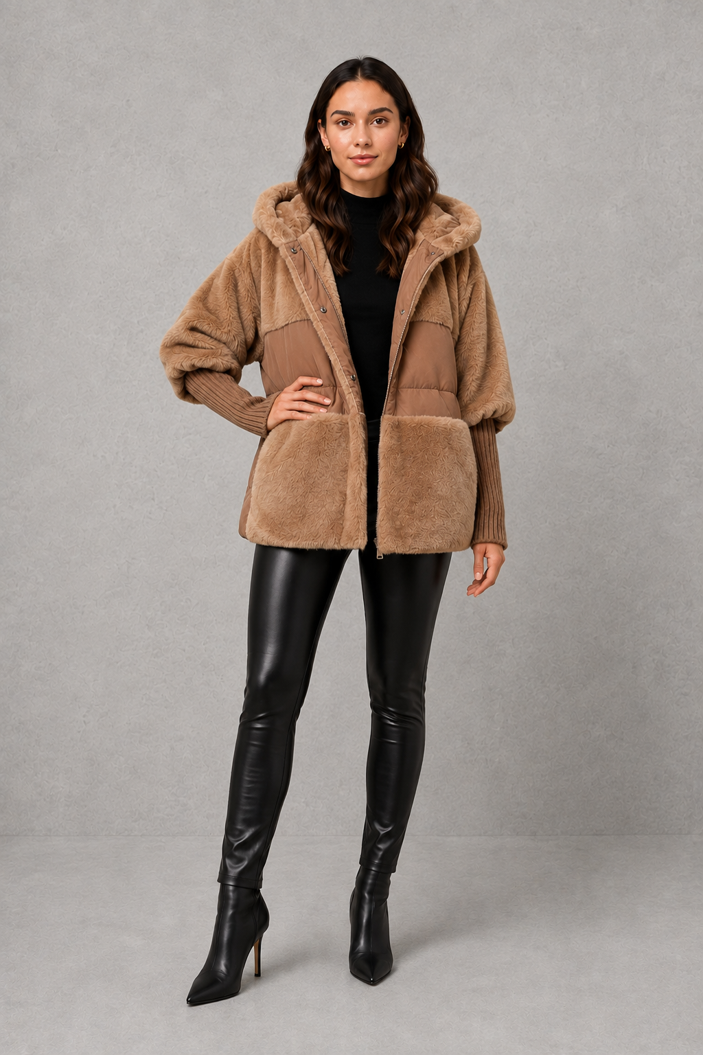Women’s cozy hooded longline coat with a soft inner lining, attached hood, smooth outer fabric, and comfortable regular fit for winter layering.
