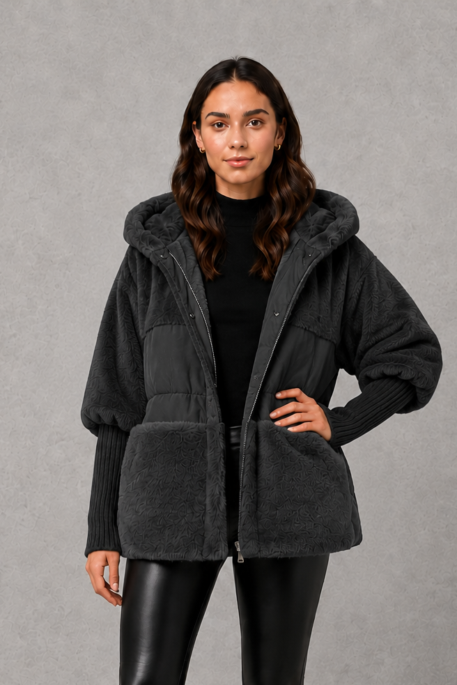 Women’s cozy hooded longline coat with a soft inner lining, attached hood, smooth outer fabric, and comfortable regular fit for winter layering.