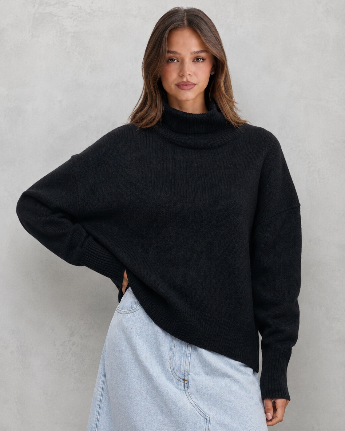 Women's cozy knitted turtleneck sweater in a relaxed, feminine silhouette with a softly structured fit. Features a refined high neckline, rich textured knit, and clean minimalist design that offers warmth and breathable comfort. A versatile wardrobe essential styled effortlessly with tailored trousers, denim, boots, or accessories for polished everyday wear from office settings to casual outings.
