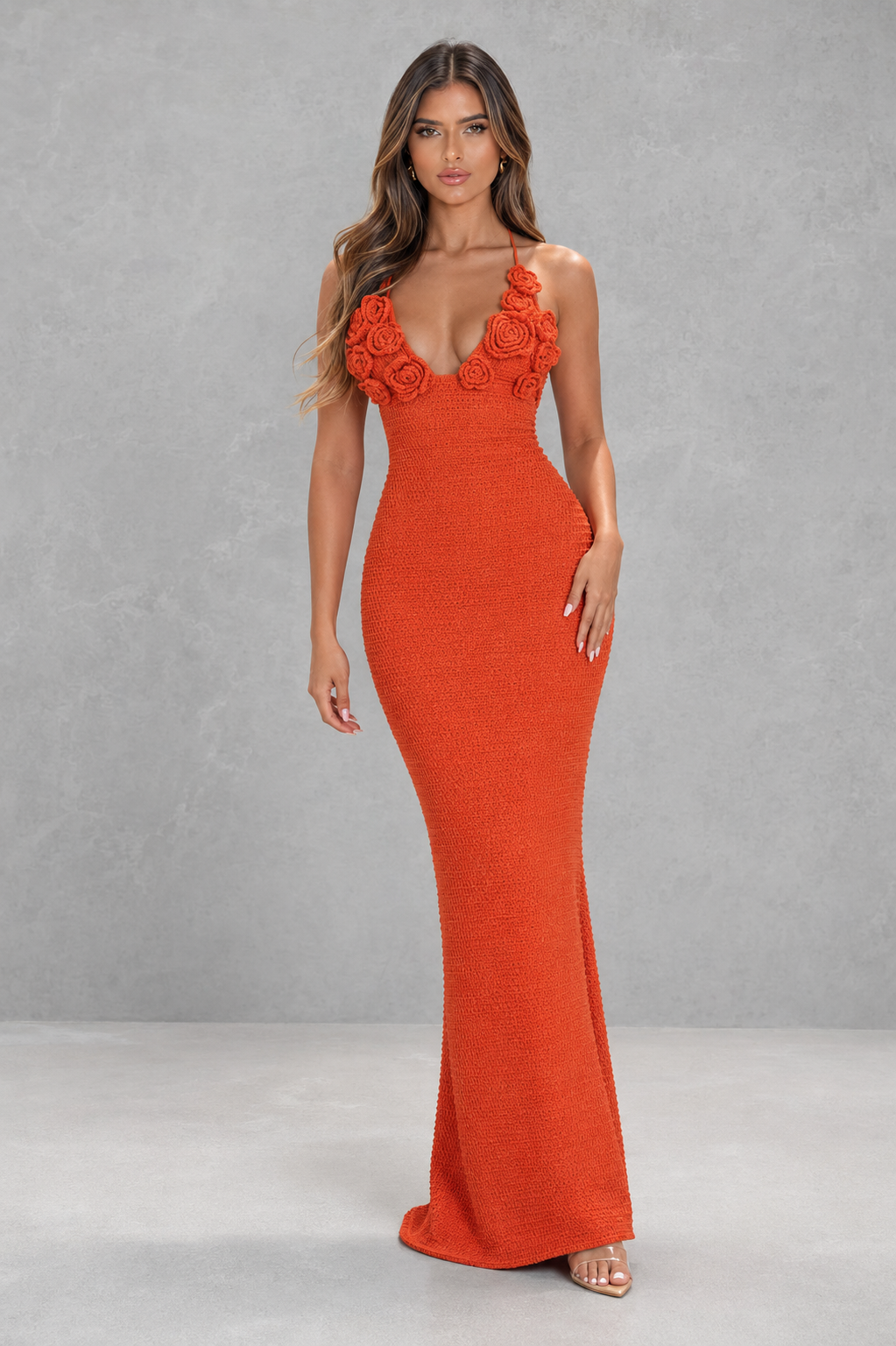 Women’s crochet floral maxi dress with hand-crocheted appliqués, triangle cups, open lace-up back, and flowing silhouette.