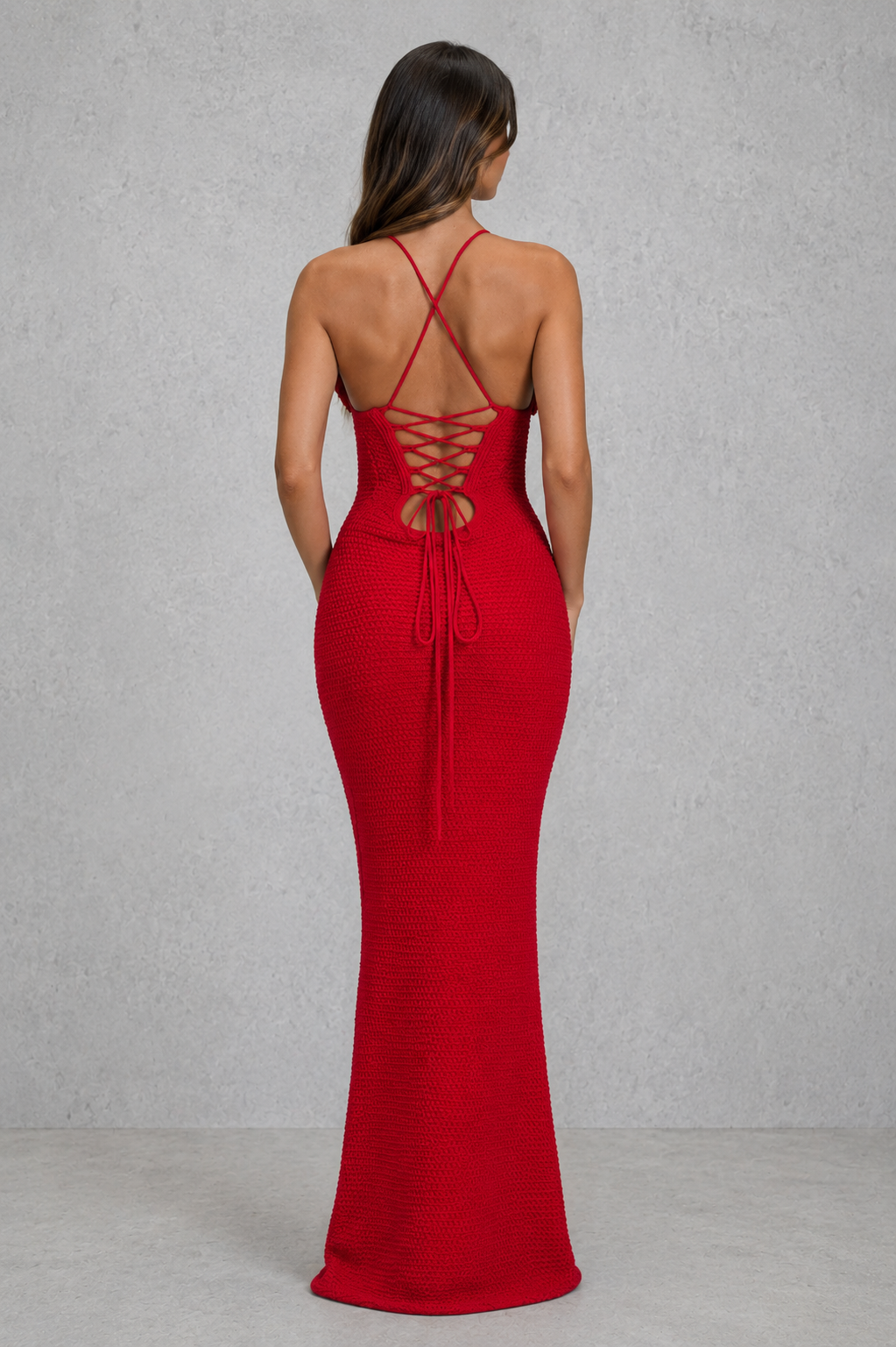 Women’s crochet floral maxi dress with hand-crocheted appliqués, triangle cups, open lace-up back, and flowing silhouette.