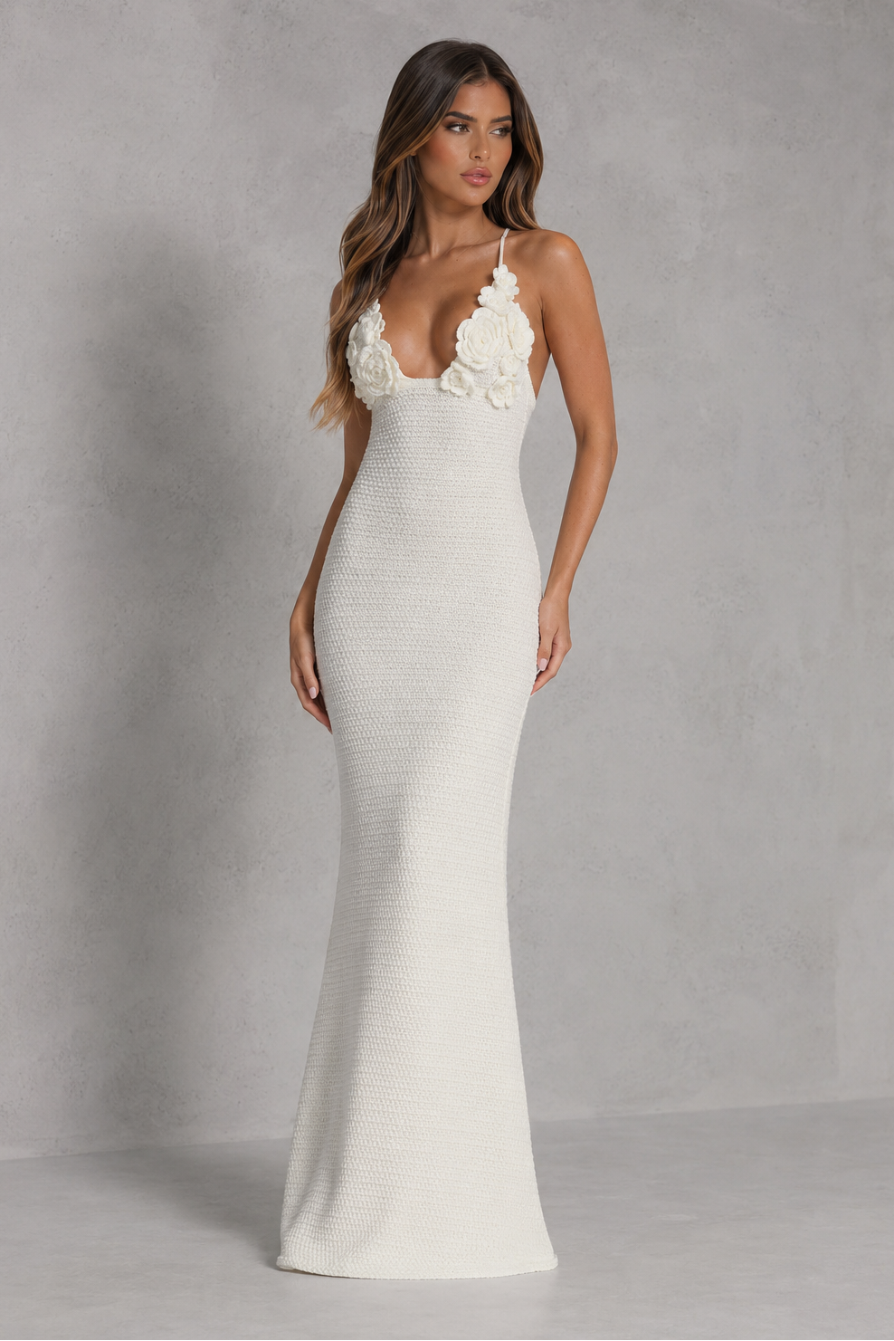Women’s crochet floral maxi dress with hand-crocheted appliqués, triangle cups, open lace-up back, and flowing silhouette.