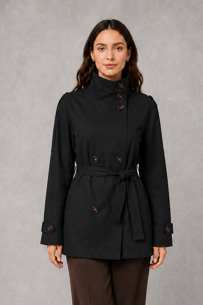 Women’s cropped double-breasted jacket with a high collar, statement buttons, adjustable waist belt, and softly structured lightweight silhouette.