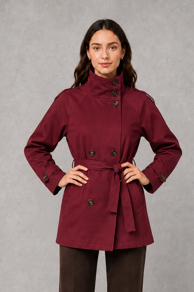 Women’s cropped double-breasted jacket with a high collar, statement buttons, adjustable waist belt, and softly structured lightweight silhouette.