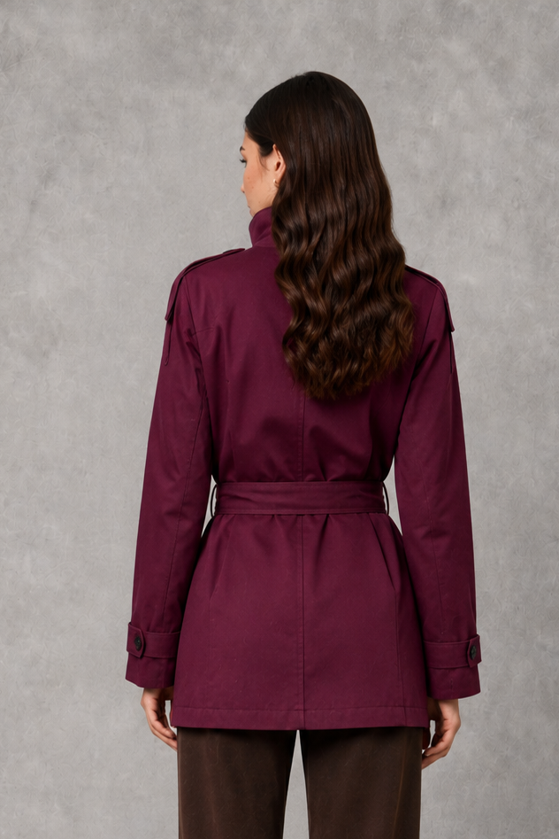 Women’s cropped double-breasted jacket with a high collar, statement buttons, adjustable waist belt, and softly structured lightweight silhouette.