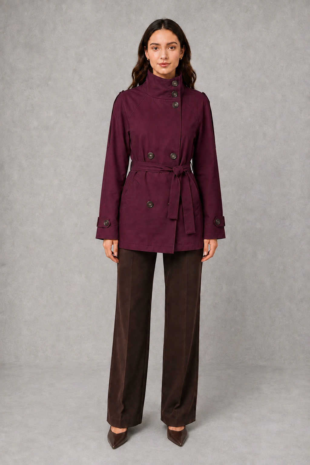 Women’s cropped double-breasted jacket with a high collar, statement buttons, adjustable waist belt, and softly structured lightweight silhouette.