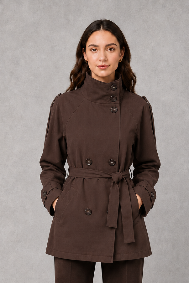 Women’s cropped double-breasted jacket with a high collar, statement buttons, adjustable waist belt, and softly structured lightweight silhouette.