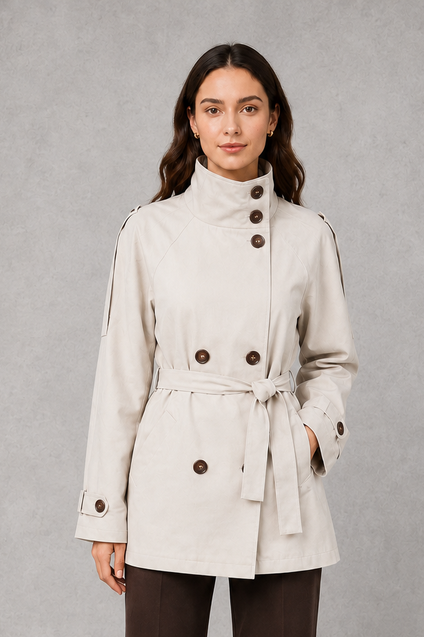 Women’s cropped double-breasted jacket with a high collar, statement buttons, adjustable waist belt, and softly structured lightweight silhouette.