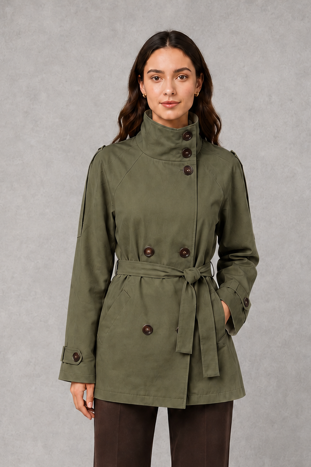 Women’s cropped double-breasted jacket with a high collar, statement buttons, adjustable waist belt, and softly structured lightweight silhouette.