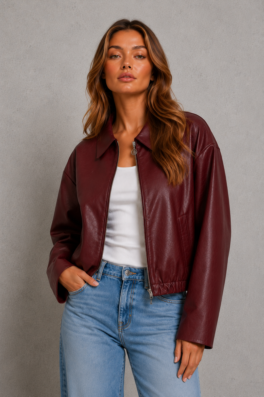 Women’s cropped faux leather jacket with zip front, oversized pointed collar, elasticized hem, and side pockets in a relaxed fit.