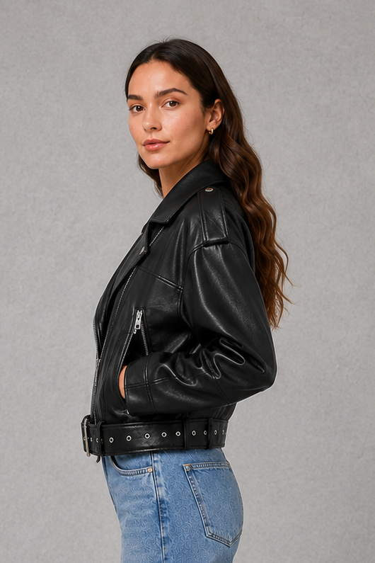 Women’s cropped faux leather moto jacket with an asymmetrical front zipper, adjustable belted waist, zippered side pockets, and relaxed biker-inspired silhouette.