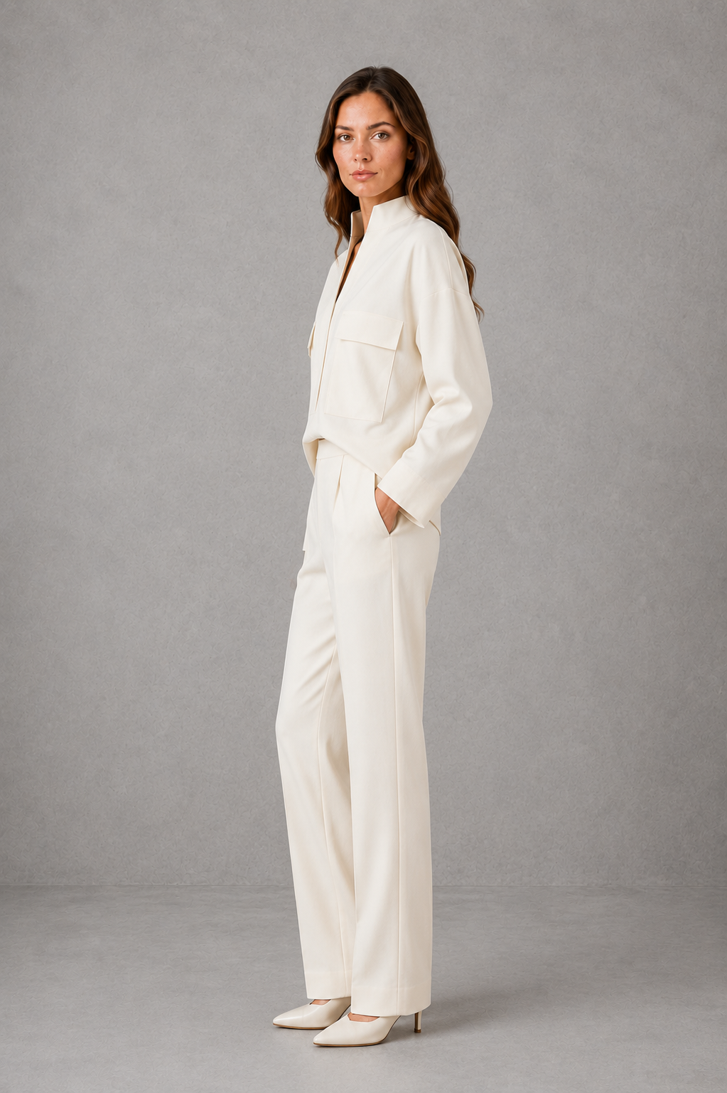 Women’s two-piece set featuring a cropped oversized V-neck jacket with patch pockets and matching high-waisted cigarette pants.