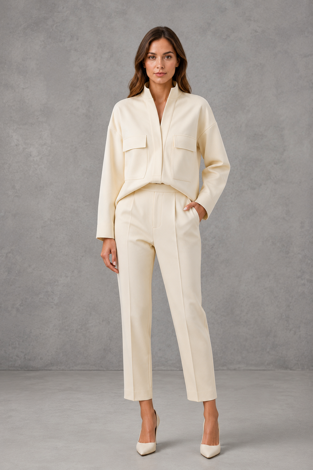 Women’s two-piece set featuring a cropped oversized V-neck jacket with patch pockets and matching high-waisted cigarette pants.