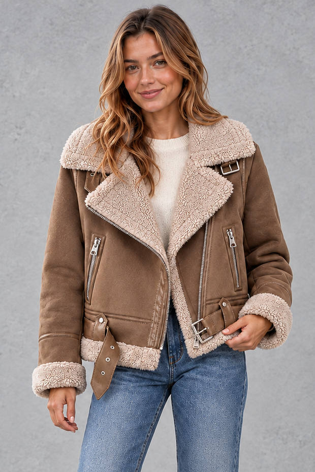 Women's Cropped Shearling-Lined Aviator Jacket – Light Brown