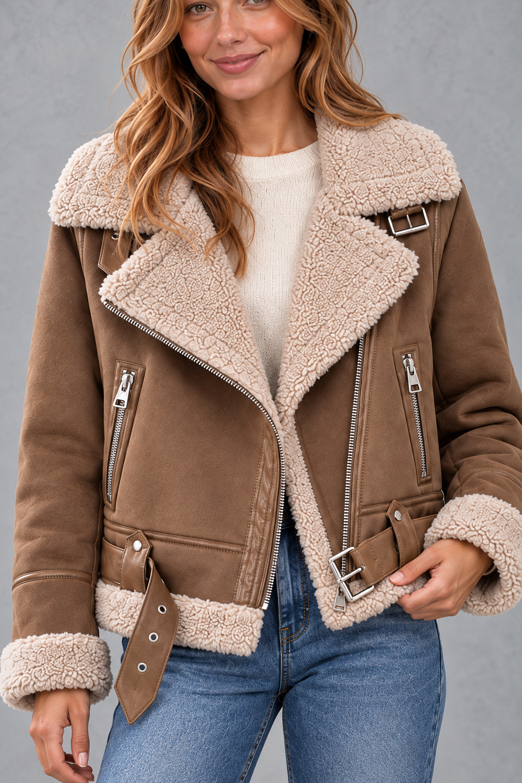 Women's Cropped Shearling-Lined Aviator Jacket – Light Brown