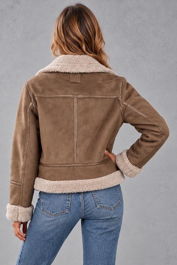Women's Cropped Shearling-Lined Aviator Jacket – Light Brown
