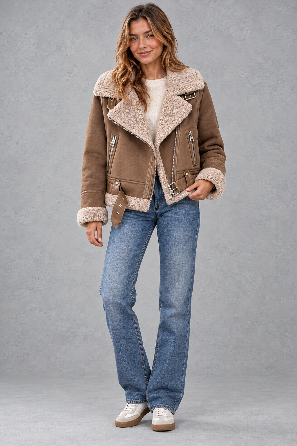 Women's Cropped Shearling-Lined Aviator Jacket – Light Brown