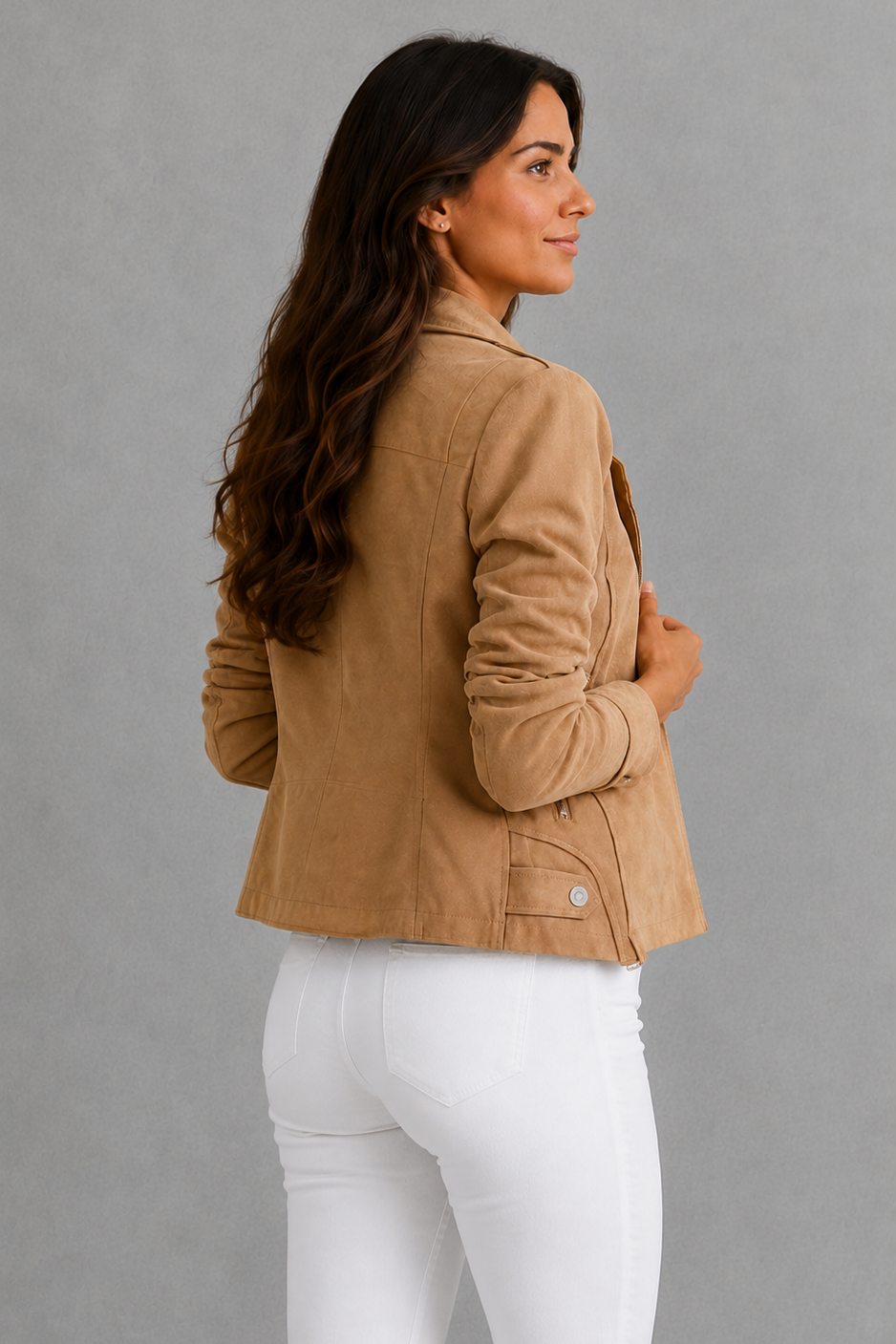 Women’s cropped suede-look jacket with a soft textured finish, flattering regular fit, structured silhouette, and modern cropped length.
