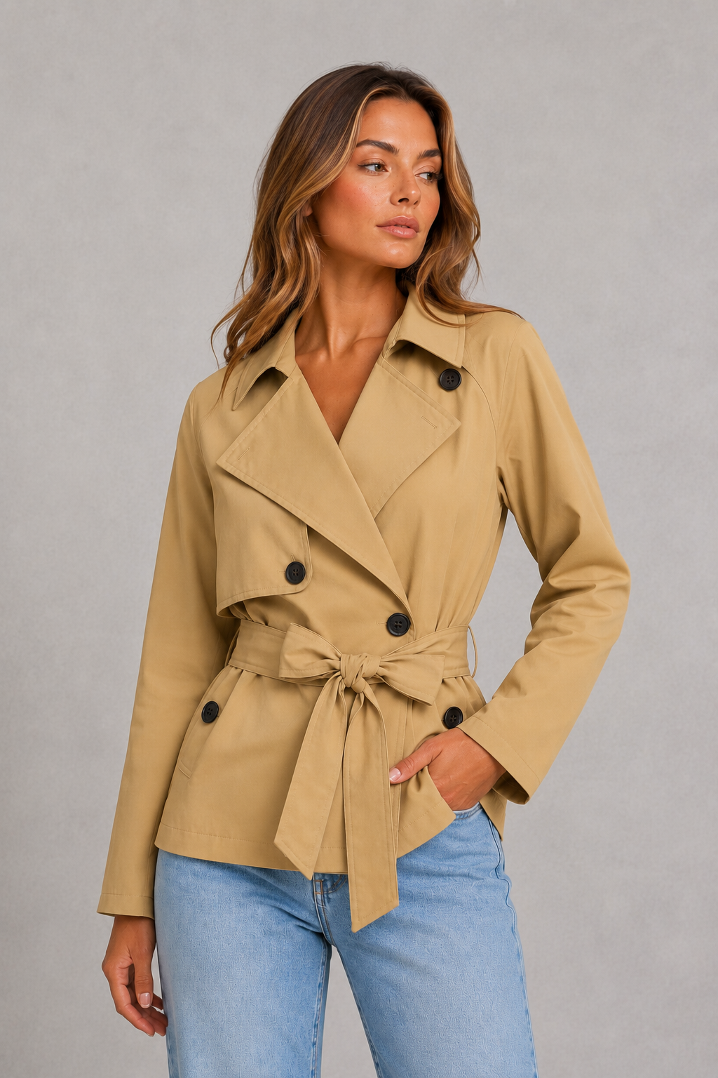 Women’s cropped trench jacket with a double-breasted front, structured lapel collar, storm flap and adjustable self-tie waist belt.