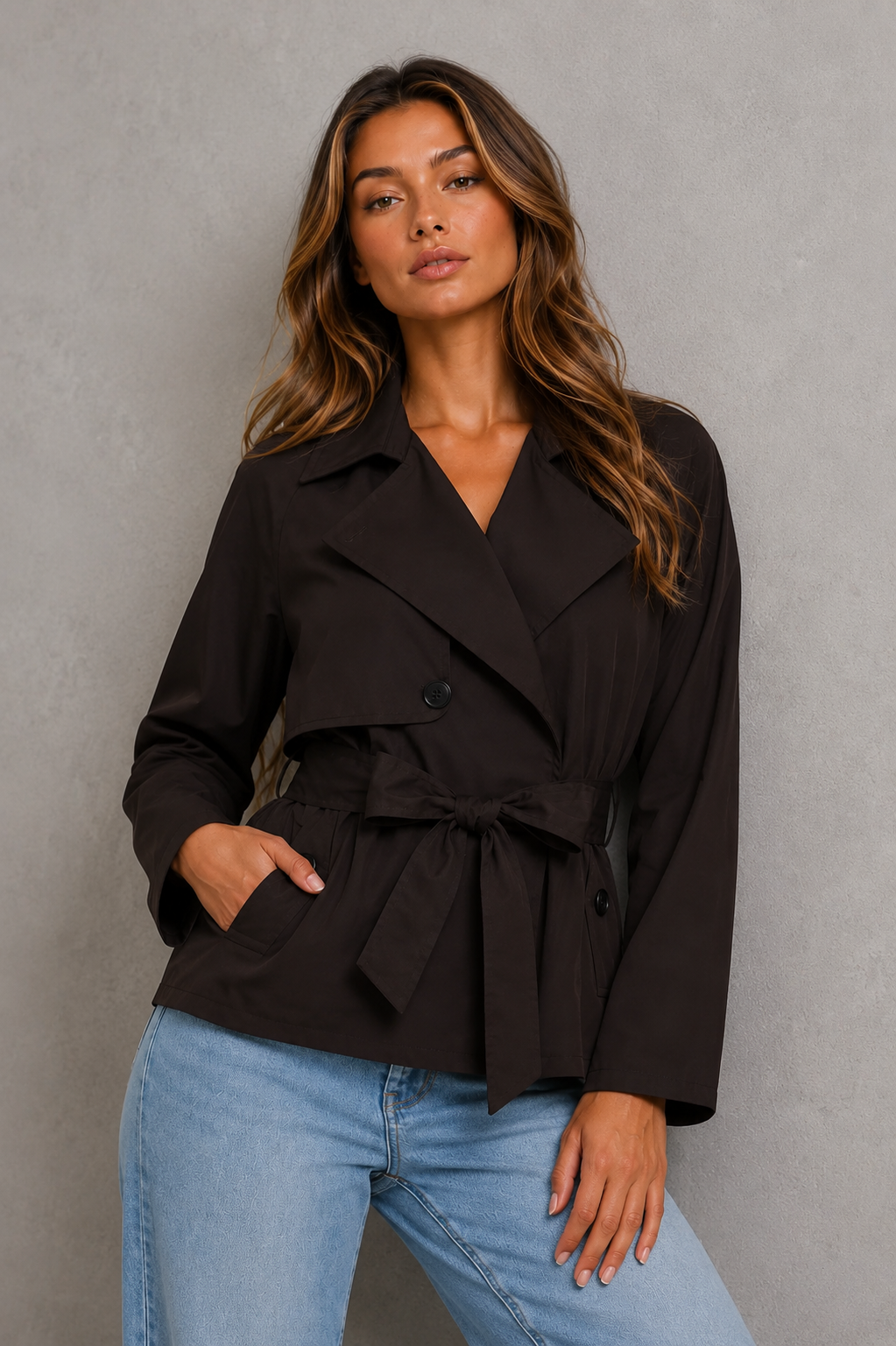 Women’s cropped trench jacket with a double-breasted front, structured lapel collar, storm flap and adjustable self-tie waist belt.