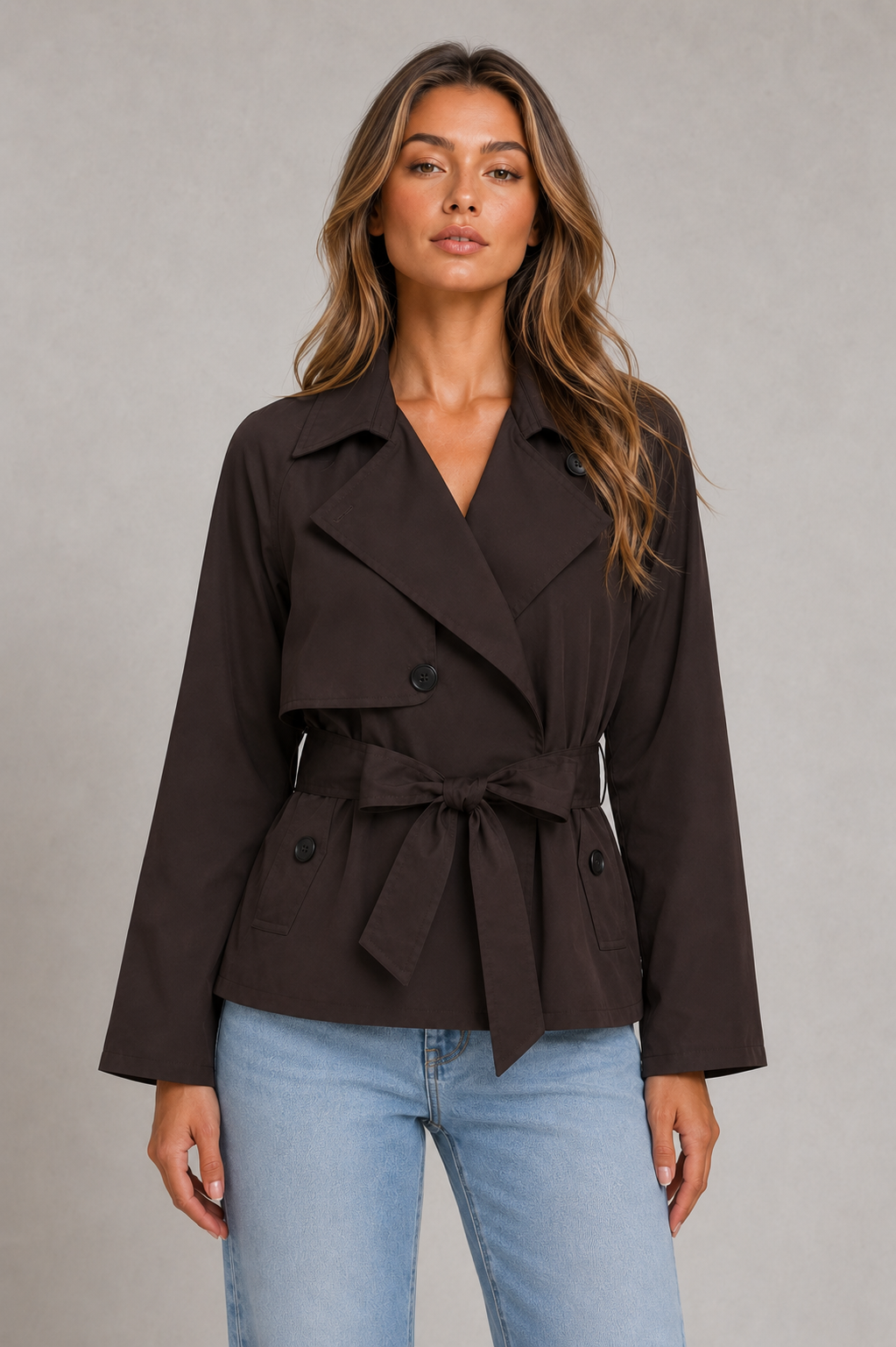 Women’s cropped trench jacket with a double-breasted front, structured lapel collar, storm flap and adjustable self-tie waist belt.