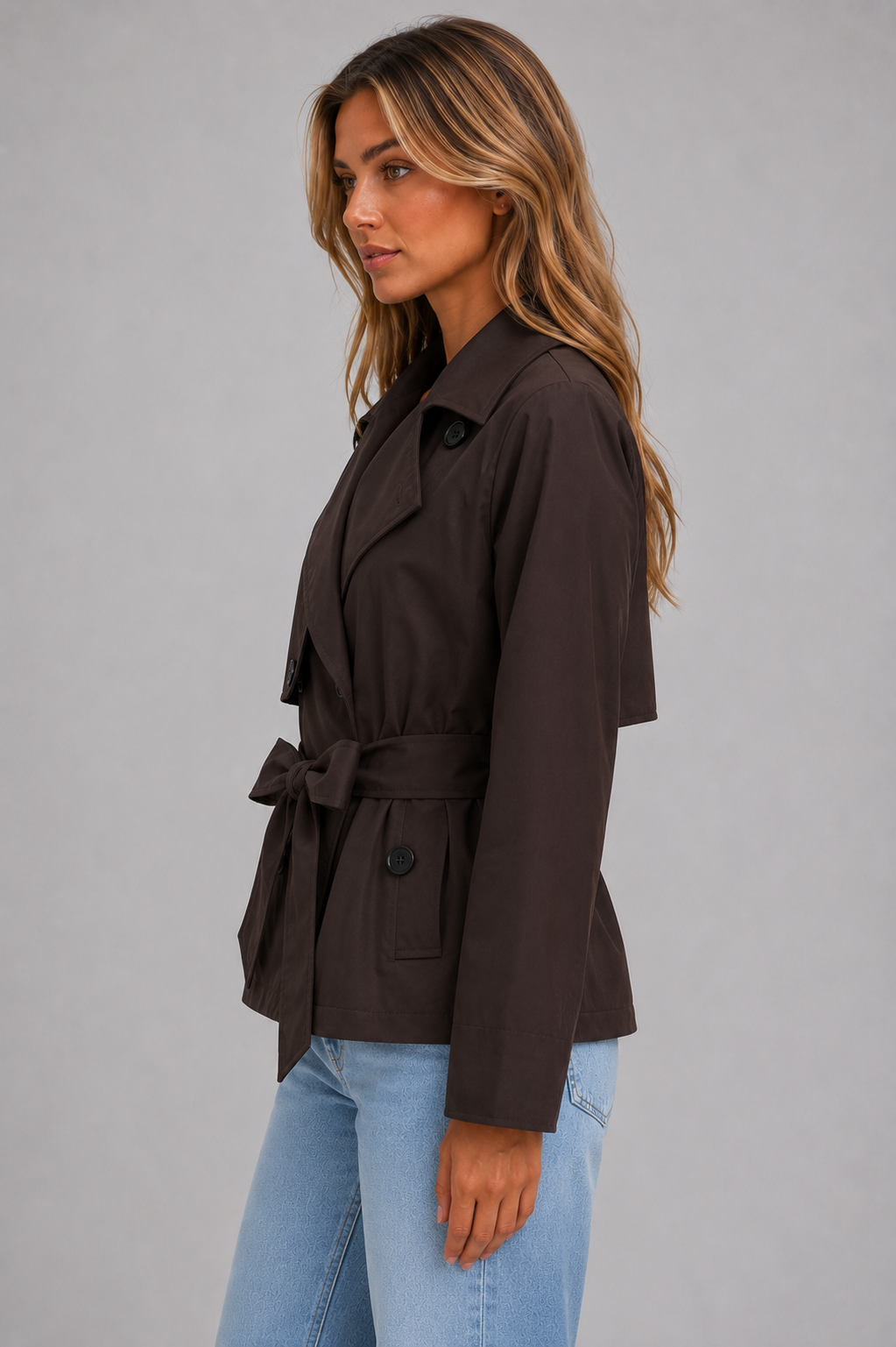 Women’s cropped trench jacket with a double-breasted front, structured lapel collar, storm flap and adjustable self-tie waist belt.