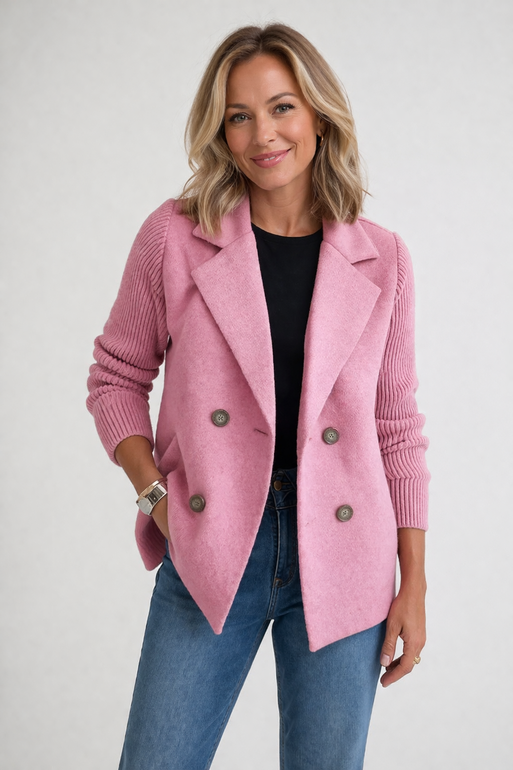Woman wearing a pink coat with a plain background