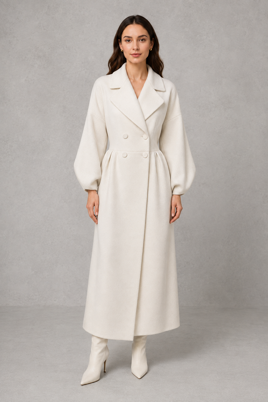 Women’s double-breasted long coat with an elegant longline length, structured tailored silhouette, soft fabric, and classic double-breasted front.