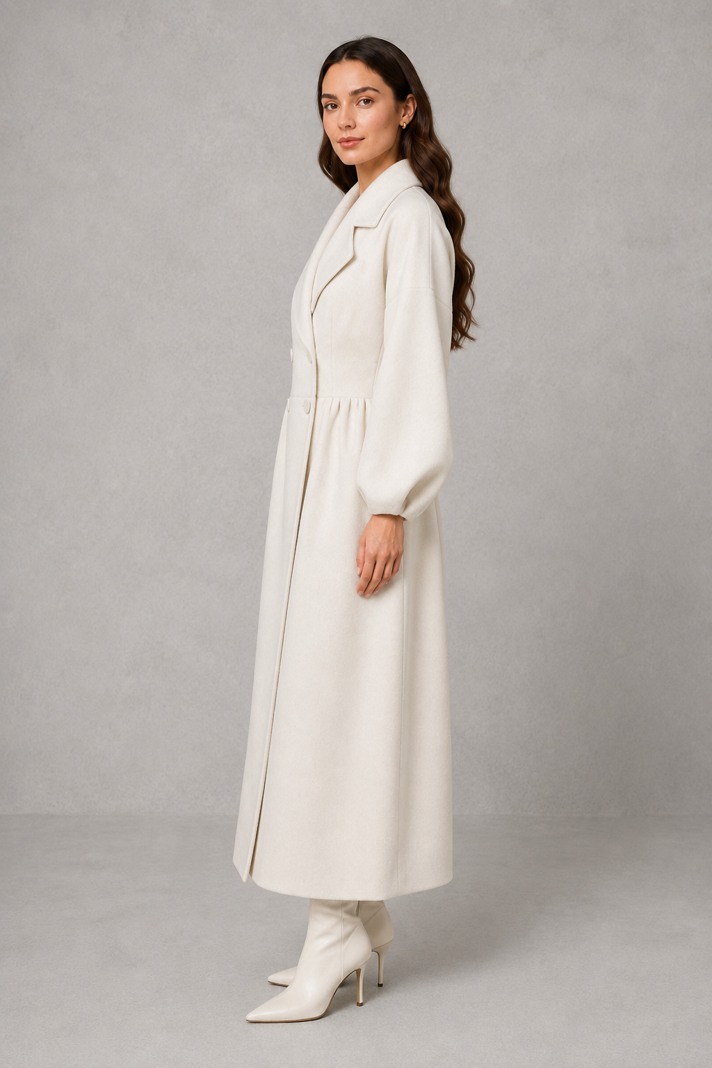 Women’s double-breasted long coat with an elegant longline length, structured tailored silhouette, soft fabric, and classic double-breasted front.