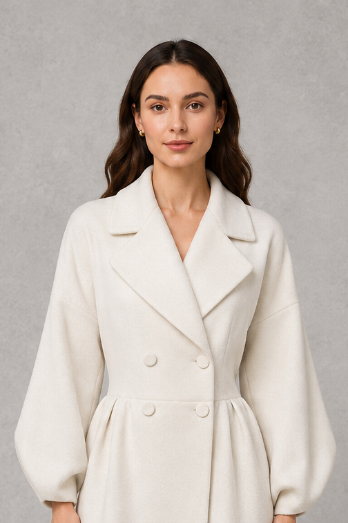 Women’s double-breasted long coat with an elegant longline length, structured tailored silhouette, soft fabric, and classic double-breasted front.