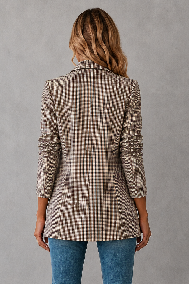Women’s double-breasted plaid blazer with a classic check pattern, structured lapel collar, long sleeves, button-front closure, and tailored silhouette.