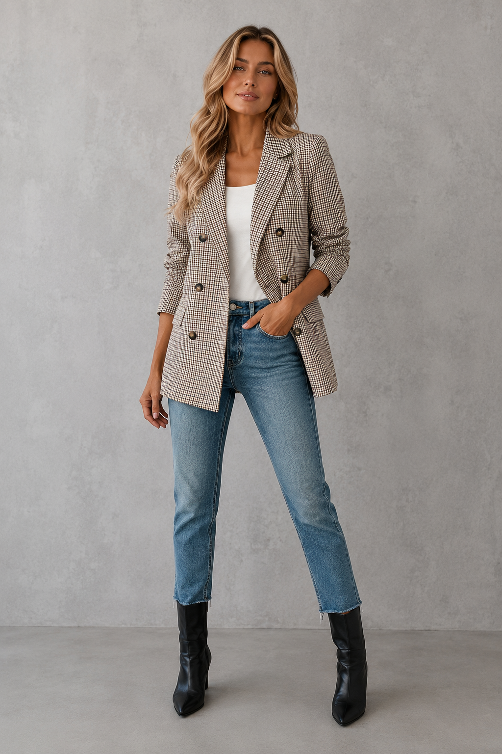 Women’s double-breasted plaid blazer with a classic check pattern, structured lapel collar, long sleeves, button-front closure, and tailored silhouette.