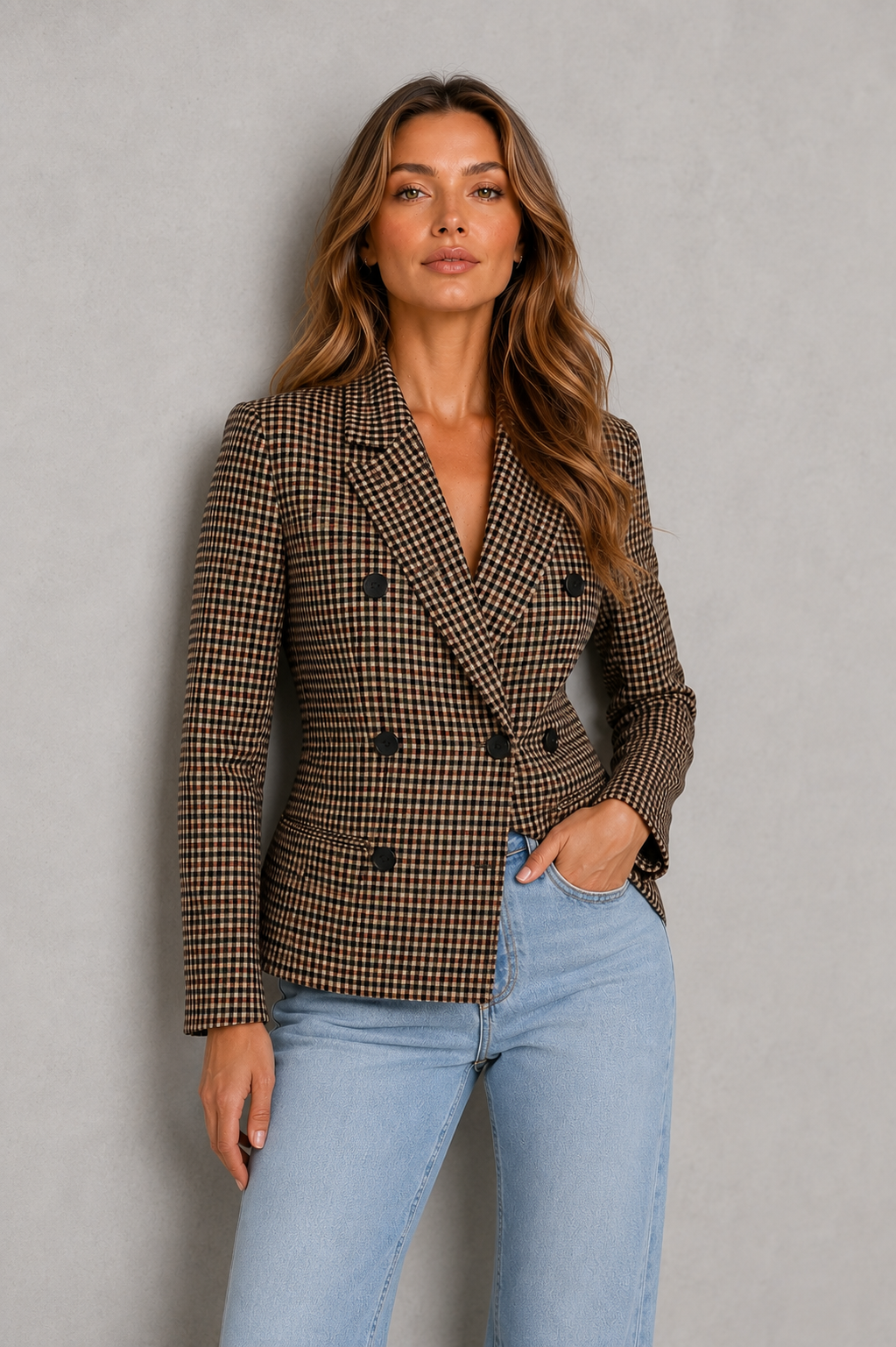 Women’s double-breasted plaid blazer with notched lapels, tailored structured fit, decorative buttons, and front flap pockets.