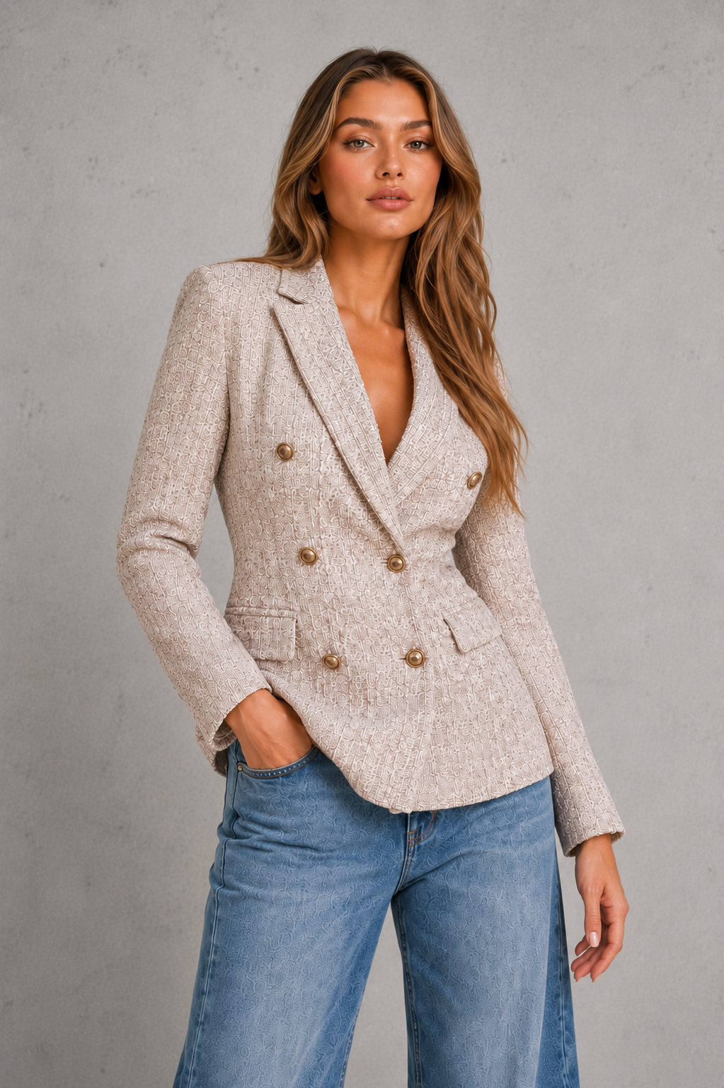 Women’s double-breasted tweed blazer with textured fabric, gold-tone buttons, classic notched lapels, and a structured tailored silhouette.