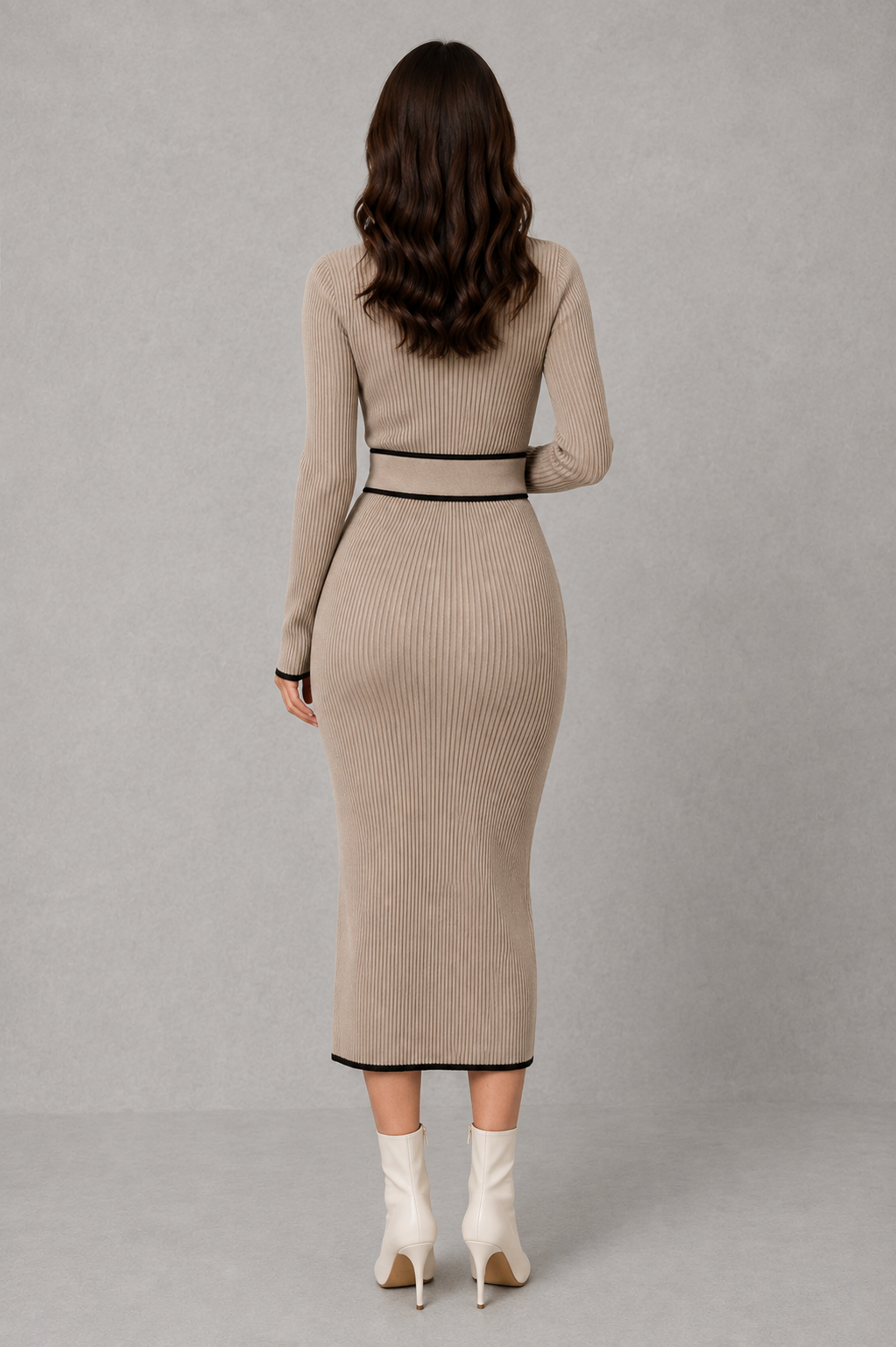 Women’s draped bodycon knit midi dress with a fitted silhouette and softly gathered detailing for an elegant, figure-flattering look.