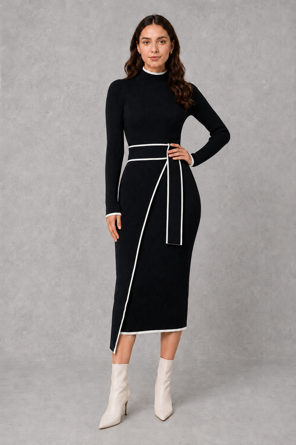 Women’s draped bodycon knit midi dress with a fitted silhouette and softly gathered detailing for an elegant, figure-flattering look.